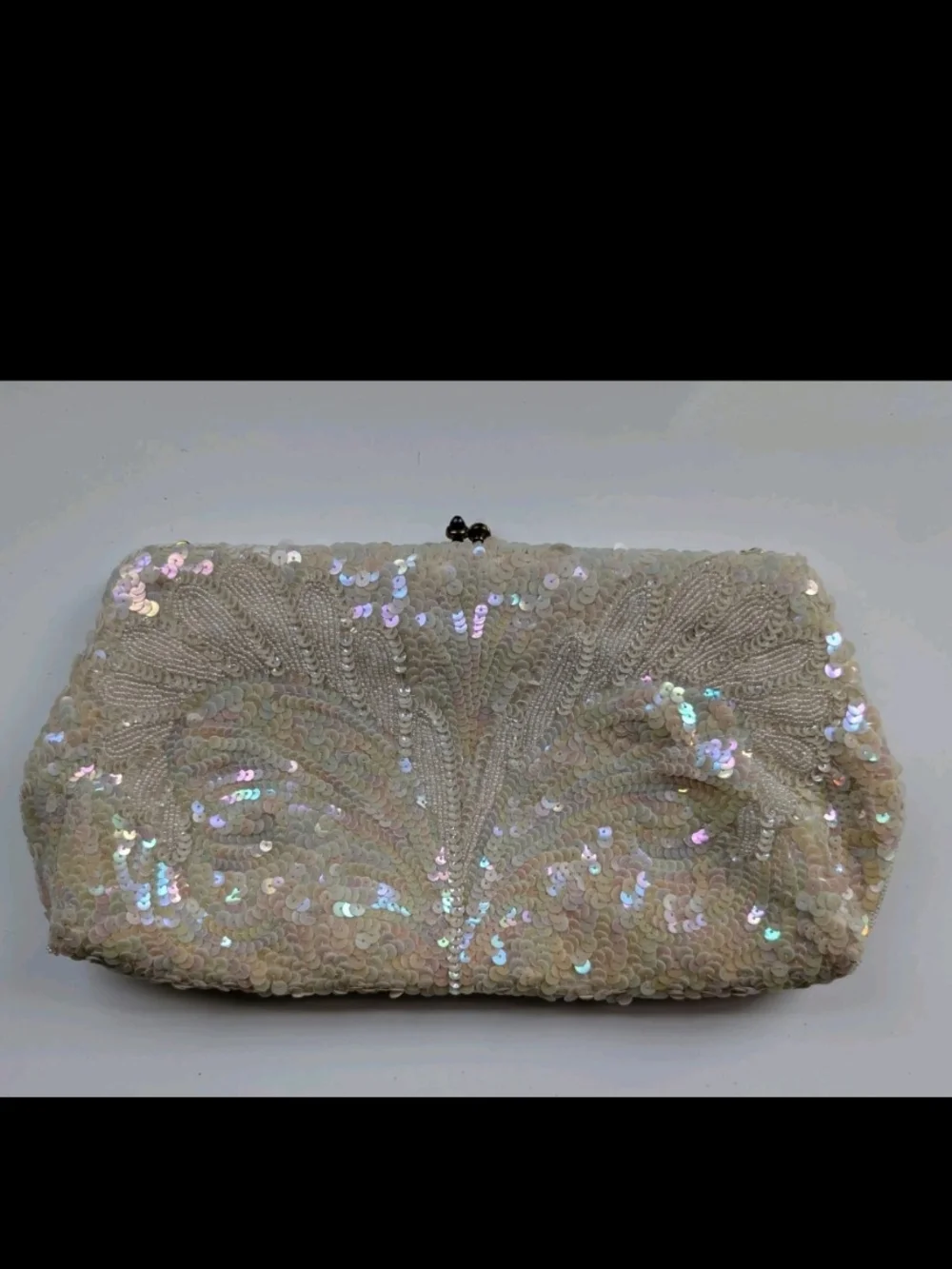 VTG 60s Josef Beaded Sequin Clutch Purse Cream Iridescent Hand Beaded In France
